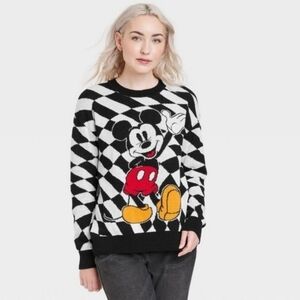 Disney Mickey Mouse Wavy Checkered Black White Knit Pullover Sweater Women's L
